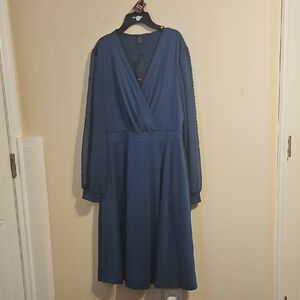 Seta T Teal Swiss Dot Sheer Sleeve V  Neck Midi Dress. NWT